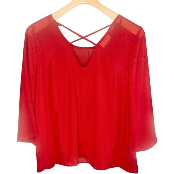 Everly x Anthropologie | Chiffon Bell Sleeve Blouse Size M | EUC Red Sheer - Picture 6 of 8